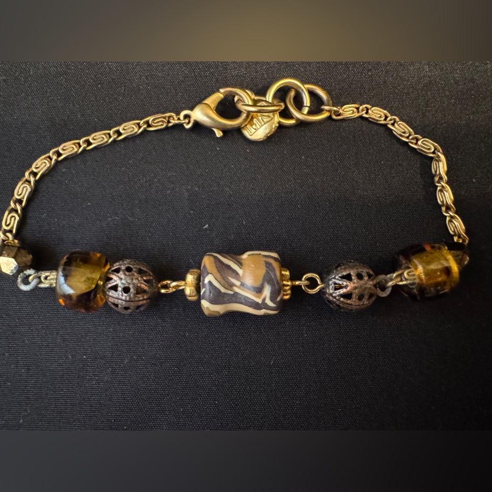 MK Michael Kors Brown Multi Colored Bead with Gold-tone Bracelet Size 6.5 to 7.5